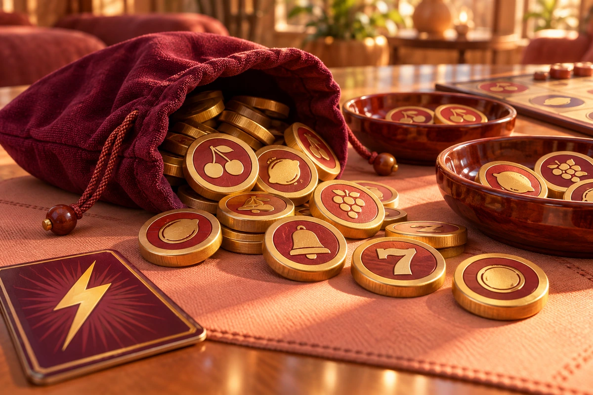 Mavorenali: Thick wooden point coins arranged beside physical game supplies