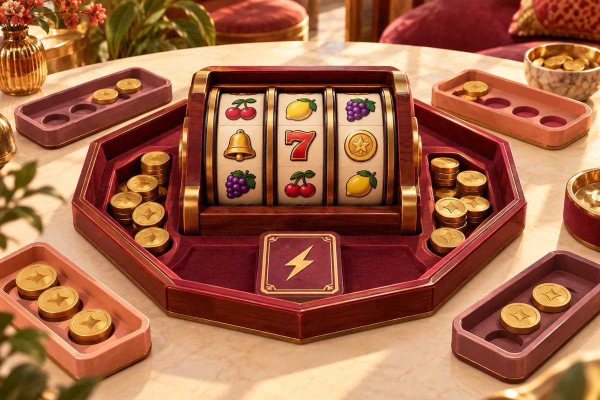 Mavorenali: Original physical tabletop reel-board concept with colourful player trays and gold point markers