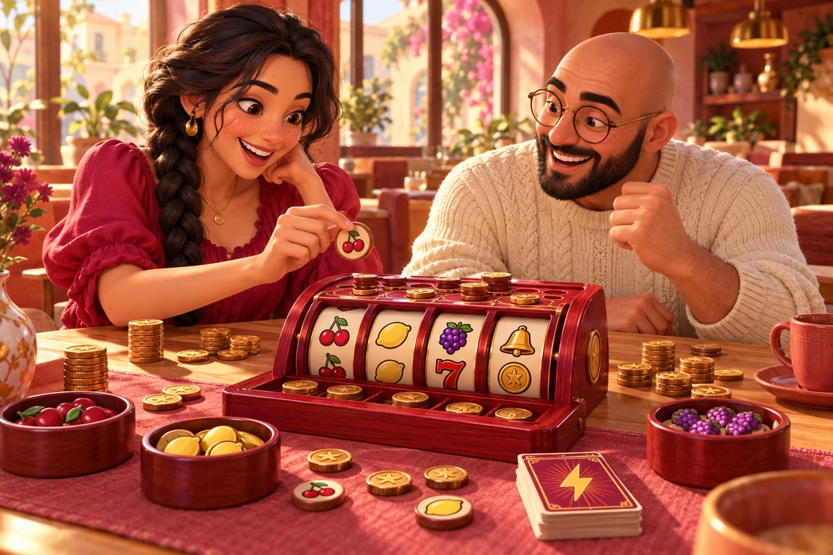 Mavorenali: Adult friends discussing a physical coin-and-reel board game together